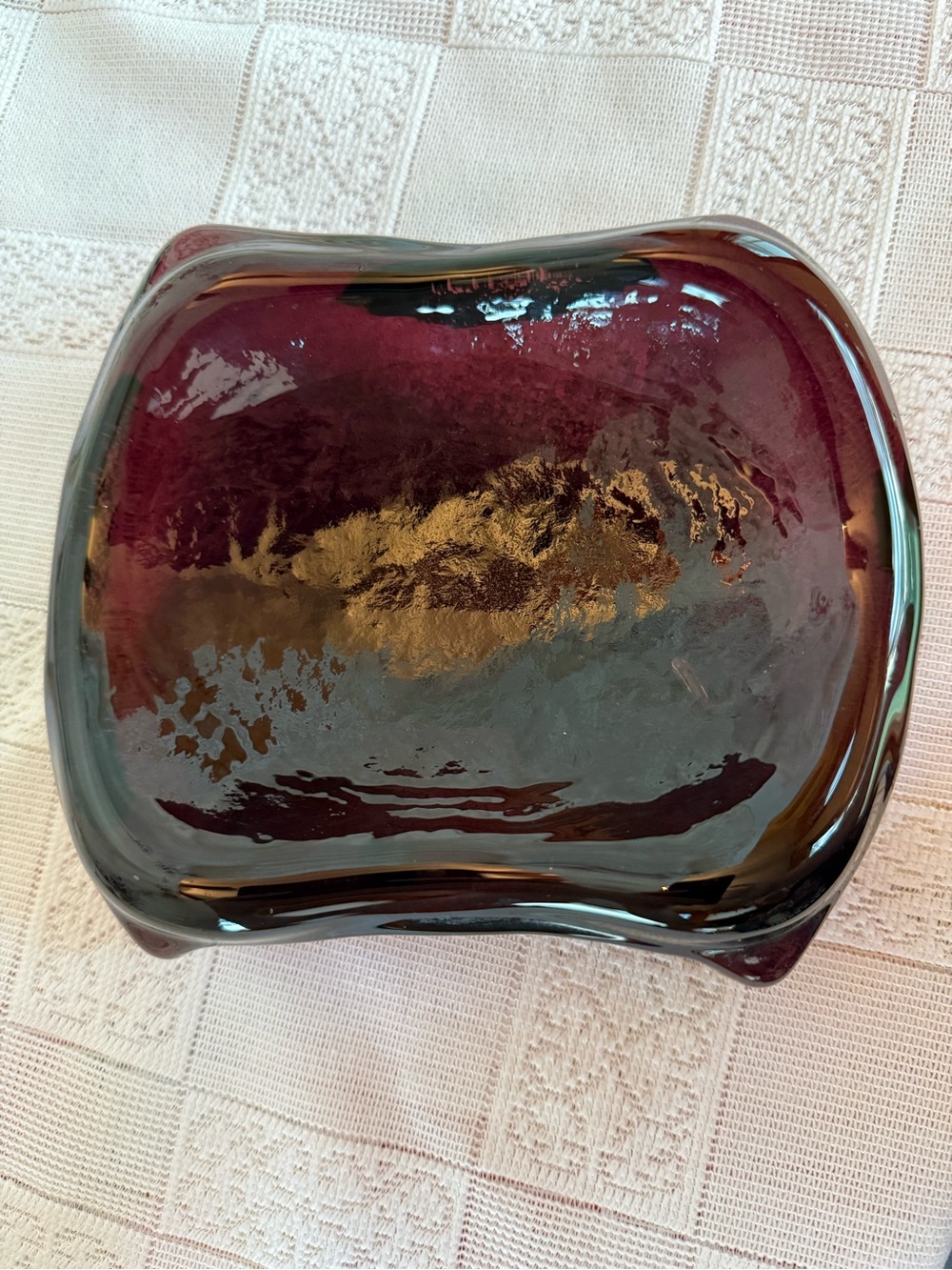 MCM Blenko Amethyst Art Glass Freeform Square Biomorphic Console Dish.